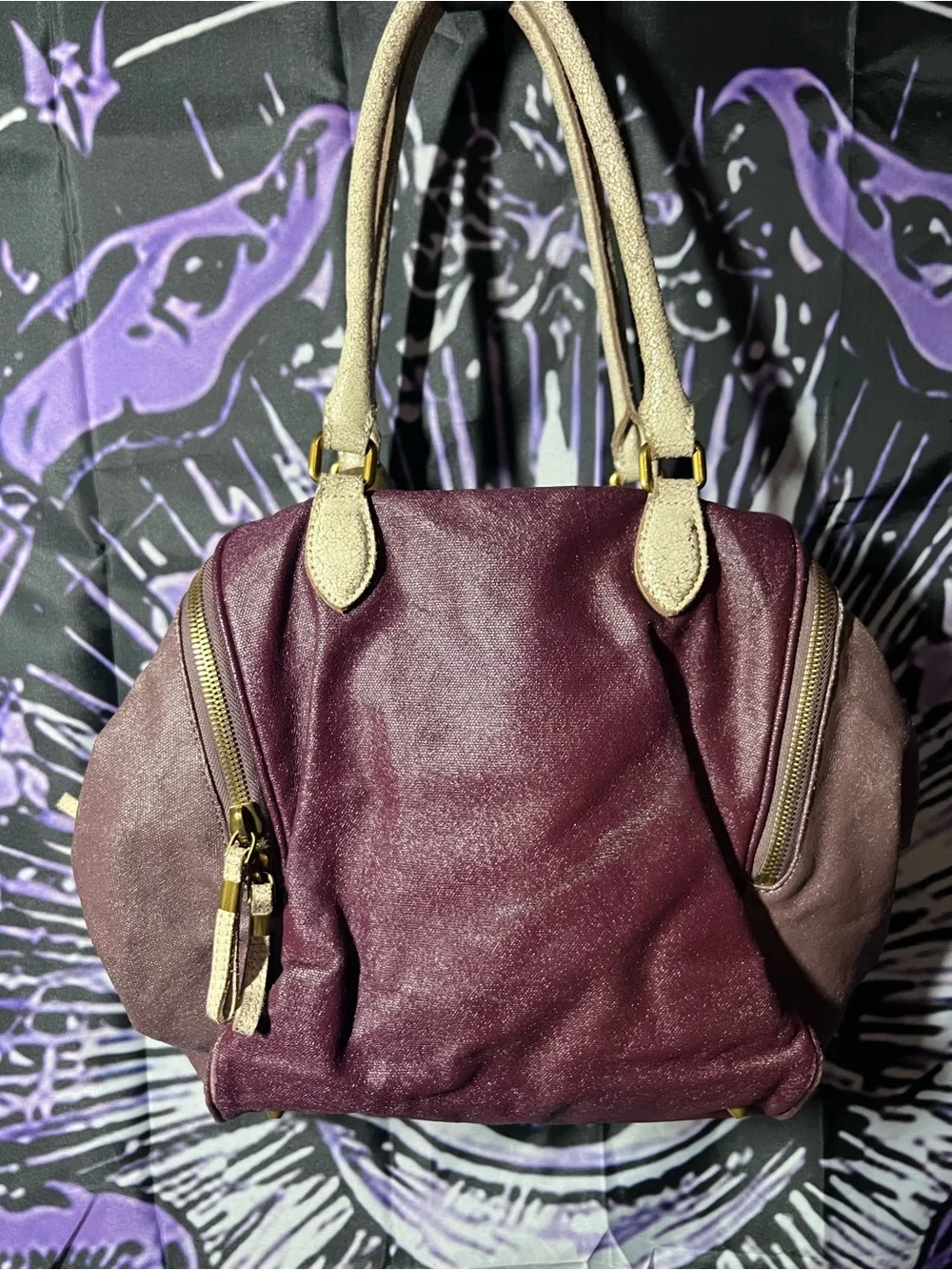 Liebeskind Purple Leather Shoulder Bag with Cream Handles